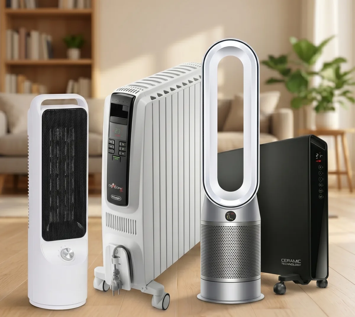 Ceramic tower, oil column, bladeless and panel heaters side by side in an Australian living room
