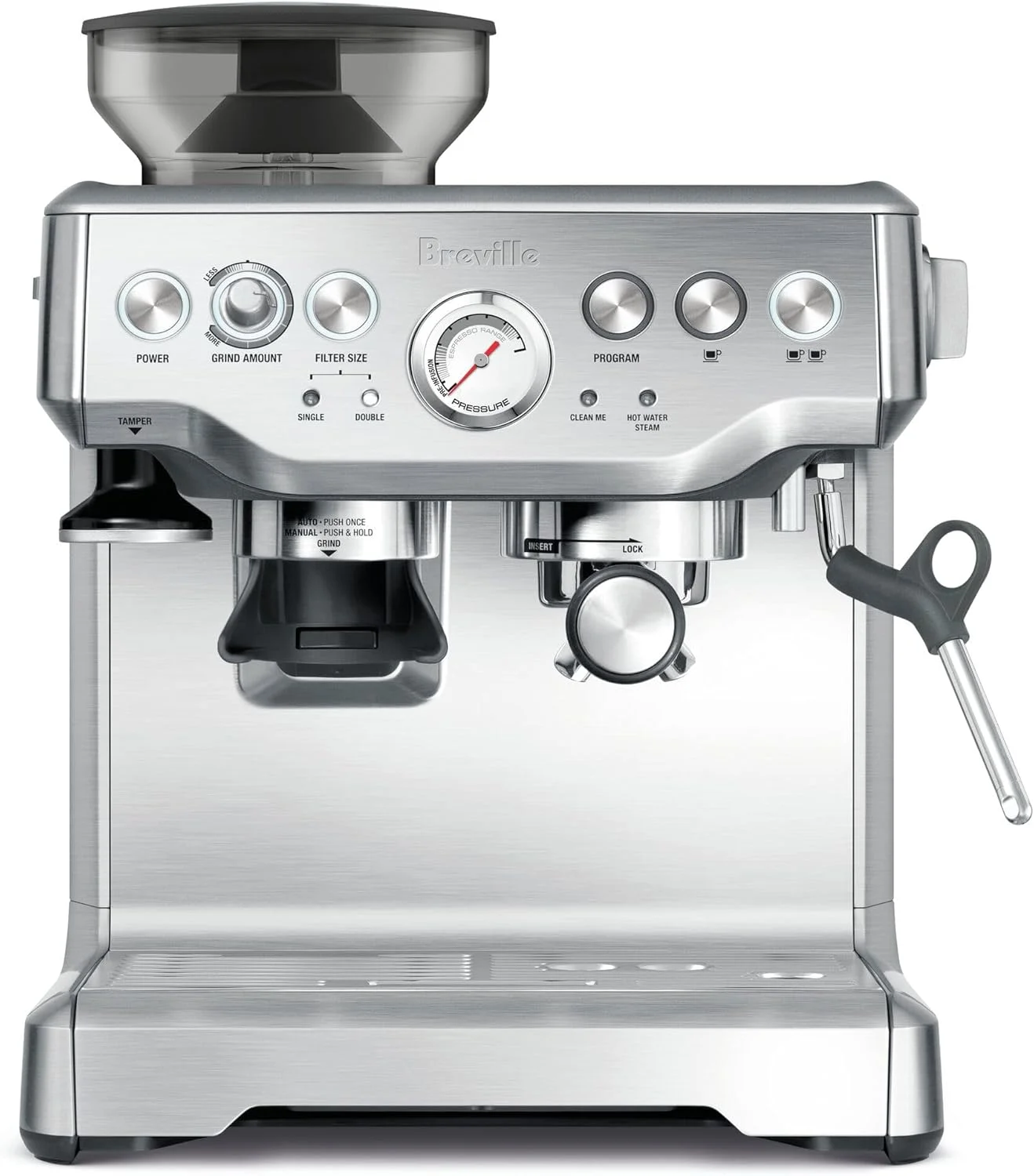Breville Barista Express BES870 espresso machine in brushed stainless steel with built-in conical burr grinder