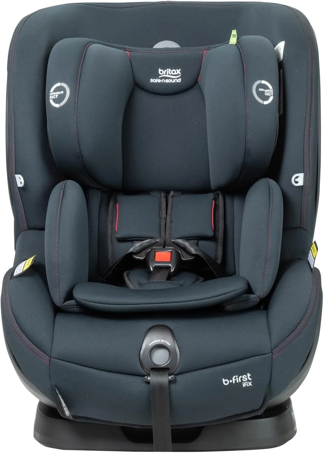Britax Safe-n-Sound B-First ifix convertible car seat in grey and black, ISOFIX connectors visible
