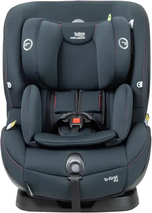 Britax Safe-n-Sound B-First ifix convertible car seat in grey and black, ISOFIX connectors visible