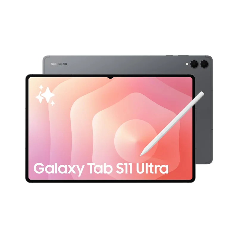 Samsung Galaxy Tab S11 Ultra in Graphite with S Pen attached, viewed from front-three-quarters