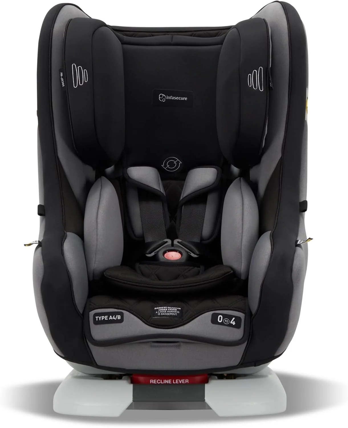 Infasecure Attain More convertible car seat in black, narrow 42cm shell, ISOFIX 0-4 arms visible