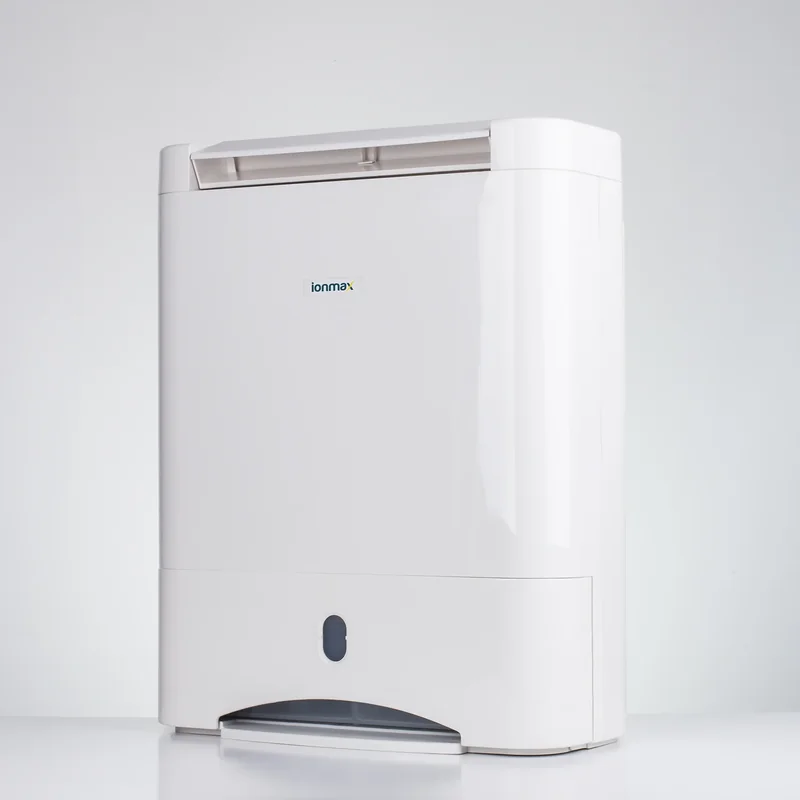 Ionmax ION632 desiccant dehumidifier 10L, white compact chassis with teal top handle and digital control panel