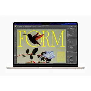 Apple MacBook Air 13-inch M5 in Sky Blue, open, viewed from front-three-quarters