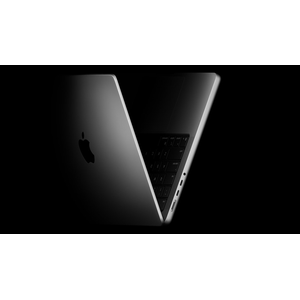 Apple MacBook Pro 14-inch M5 in Space Black, open, viewed from front-three-quarters