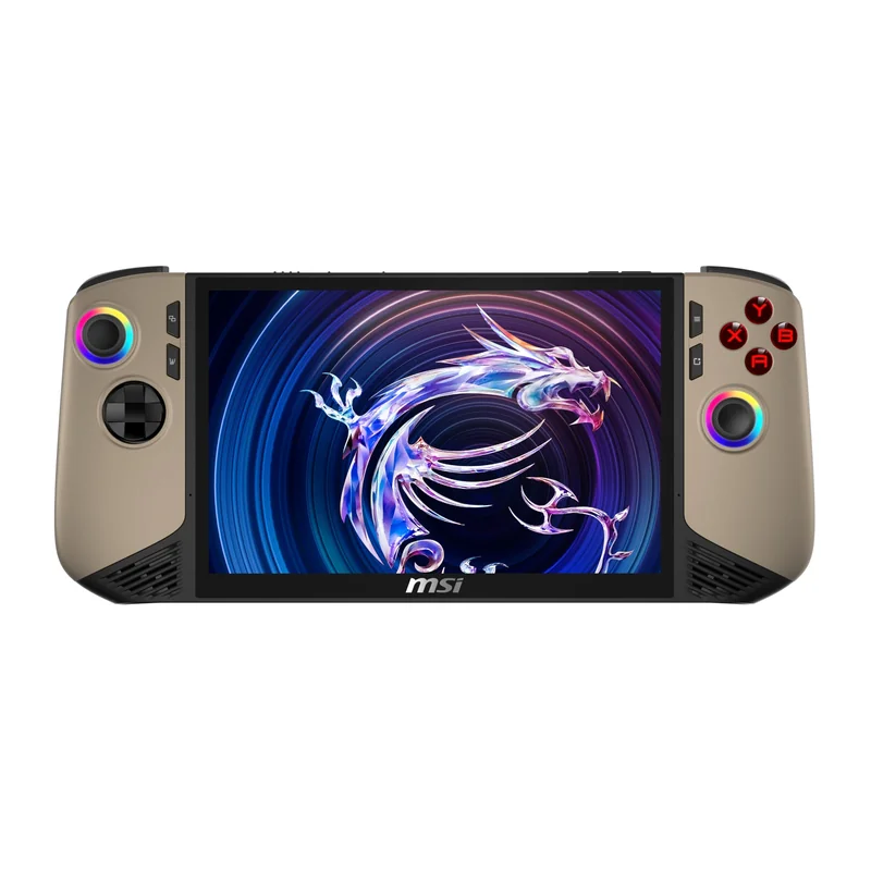 MSI Claw 8 AI+ handheld in black, viewed from front-three-quarters