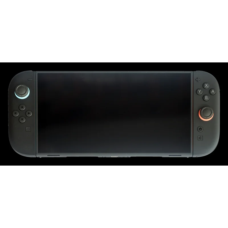 Nintendo Switch 2 in handheld mode with Joy-Con 2 controllers attached, viewed from front-three-quarters
