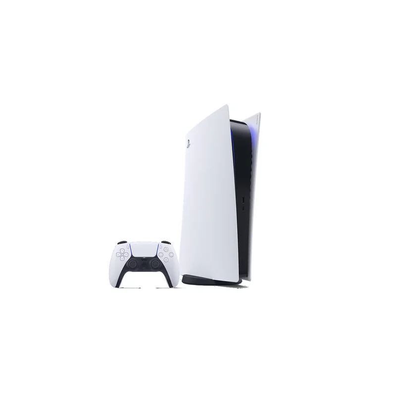 Sony PlayStation 5 Slim console in white with disc drive, viewed from front-three-quarters