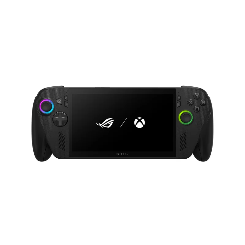 ASUS ROG Xbox Ally X handheld in black with Xbox-branded thumbsticks, viewed from front-three-quarters