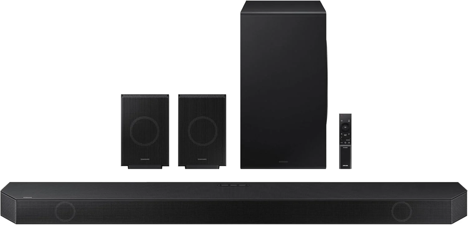 Samsung HW-Q990D 11.1.4 soundbar system with wireless rear speakers and subwoofer