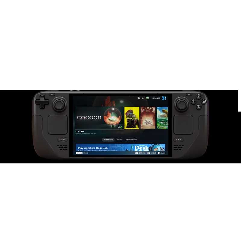 Valve Steam Deck OLED handheld in white running a game, viewed from front-three-quarters