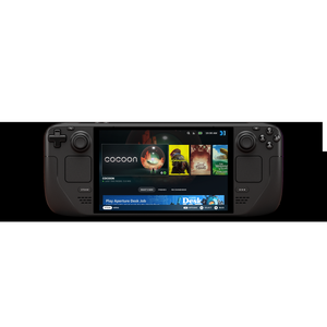 Valve Steam Deck OLED handheld in white running a game, viewed from front-three-quarters