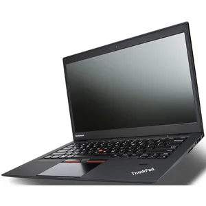 Lenovo ThinkPad X1 Carbon Gen 14 in matte black, open, viewed from front-three-quarters