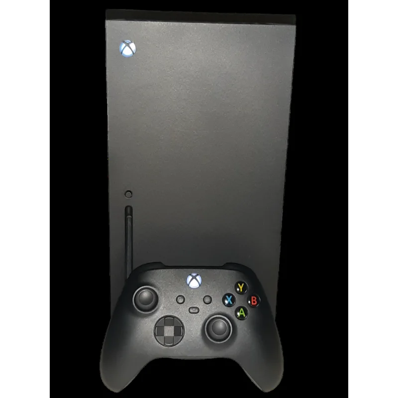 Microsoft Xbox Series X console in black tower form, viewed from front-three-quarters